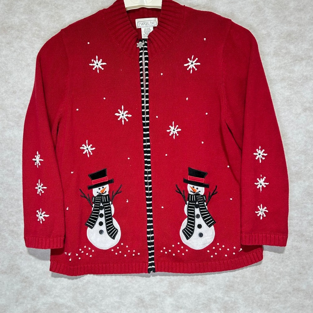 Mandal Bay Red Snowman Snowflake Zip Up Cardigan Sweater Womens XX Large